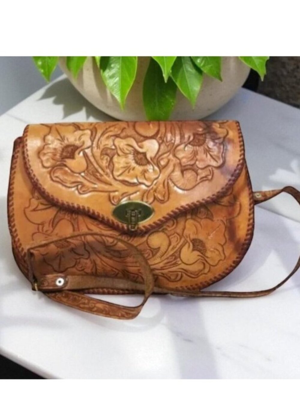 Vintage 70s Tooled Leather Shoulder Bag Hibiscus Floral Tobacco Brown Tan